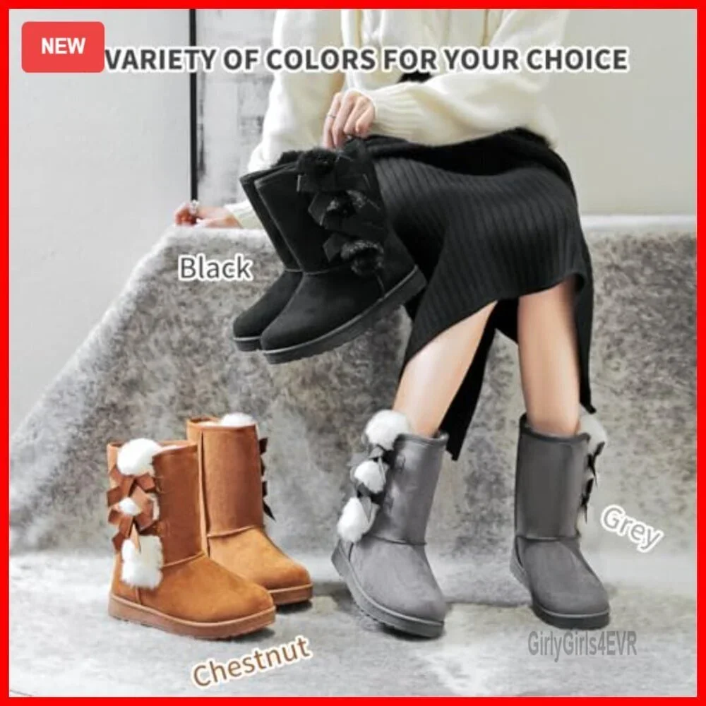 Women's Mid Calf Snow Boots Fur Lined Slip On Winter Booties Warm